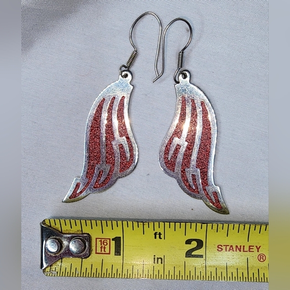 Southwestern-style Pink Inlay Stone Wing Dangle Earrings; marked 925 Mexico - Picture 6 of 7